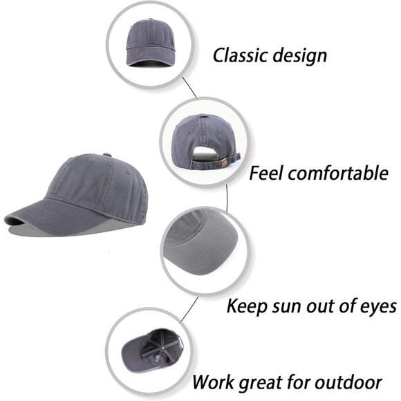 Unisex Grey Baseball Cap Cotton Soft Fits Washed Denim Adjustable Hats - Picture 7 of 7